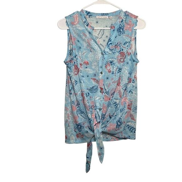 Notations Tank Top Women's Large Blue V-Neck Button Up Sleeveless Tie Artsy - Picture 1 of 9
